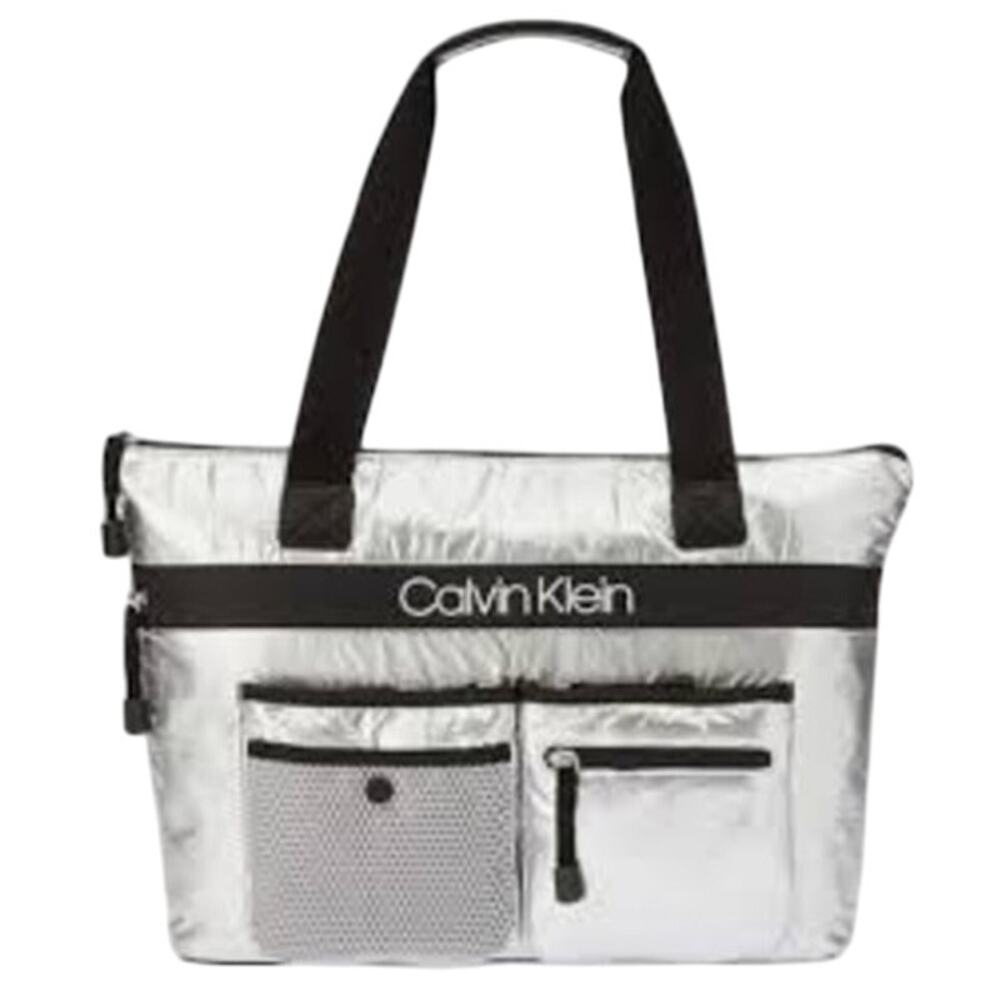 Calvin Klein Metallic Silver Tote Bag w/ Pockets & Black Details, NWT, $168